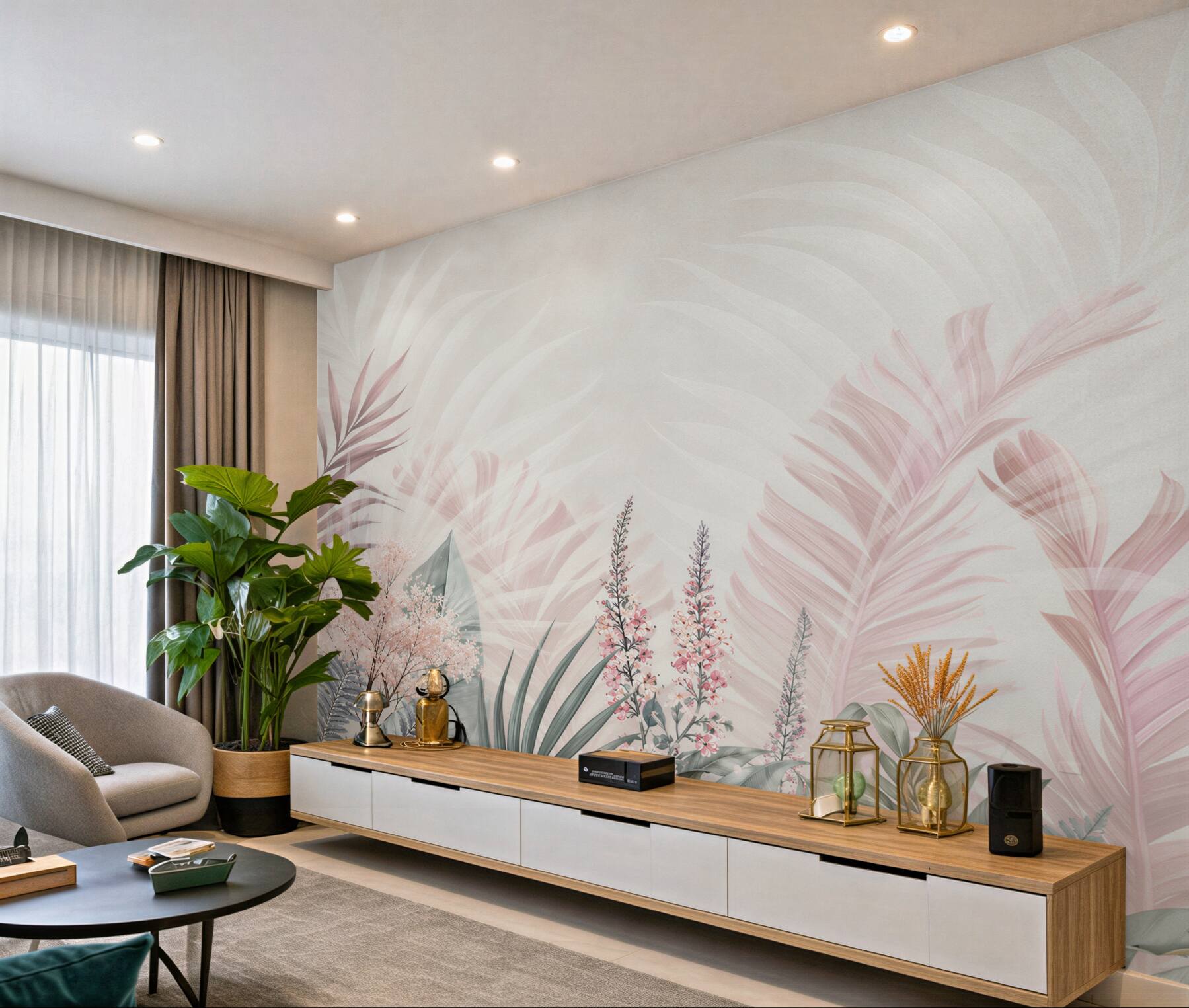 Papier peint feuilles tropicales pastel