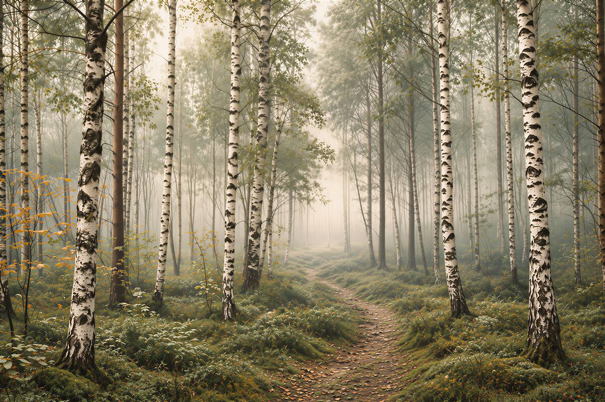 Papier peint forêt de bouleaux dans le brouillard