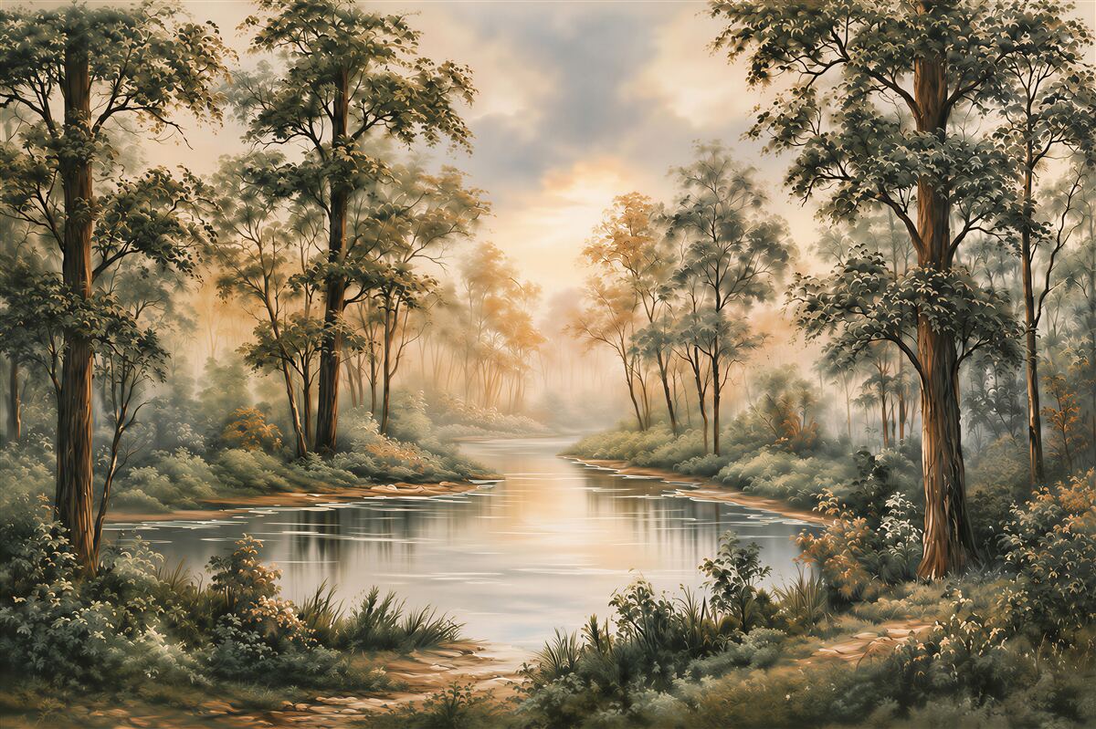 Papier peint rivière forestière dans le brouillard