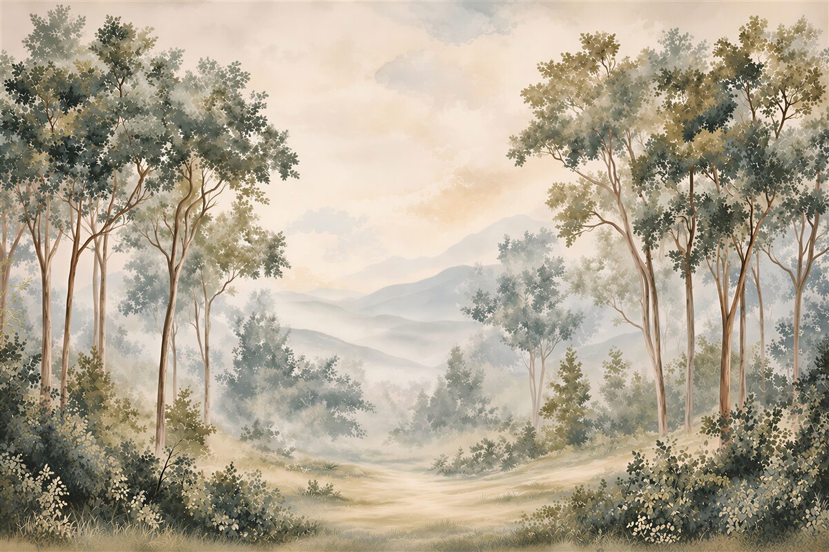 Papier peint forêt dans le brouillard
