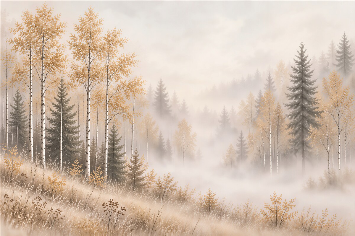 Papier peint forêt d'automne dans le brouillard