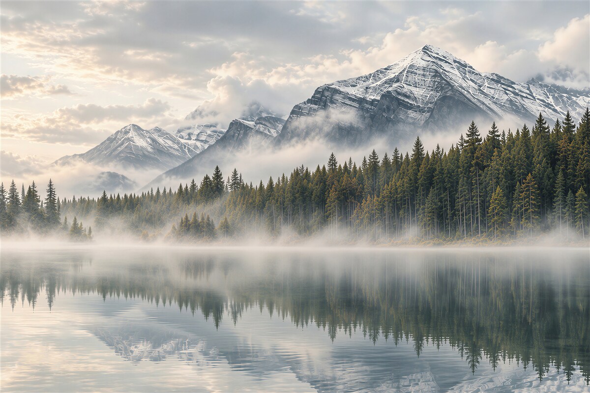 Papier peint montagnes dans le brouillard au-dessus du lac
