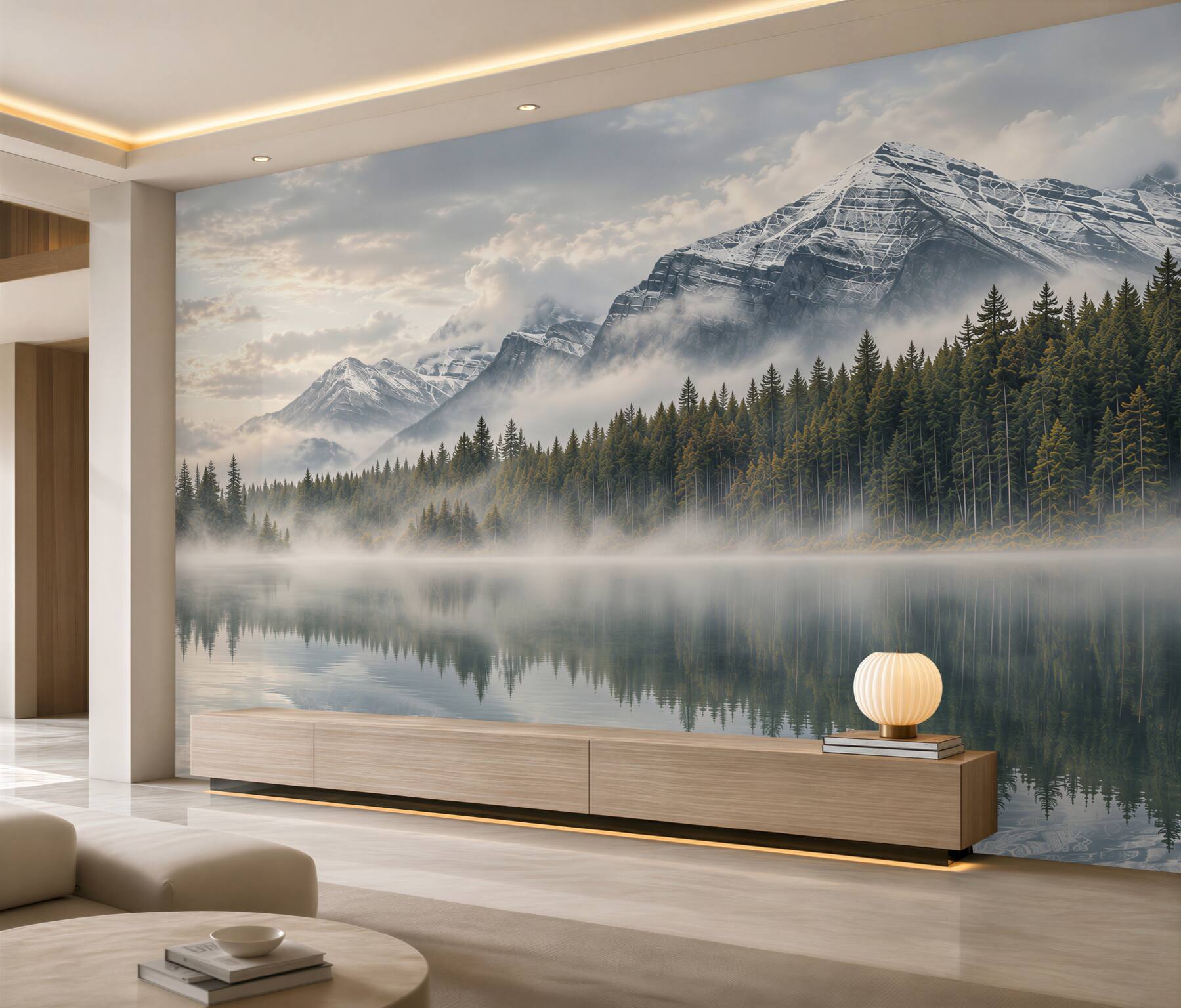 Papier peint montagnes dans le brouillard au-dessus du lac