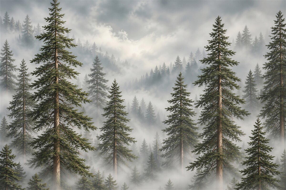 Papier peint forêt dans le brouillard