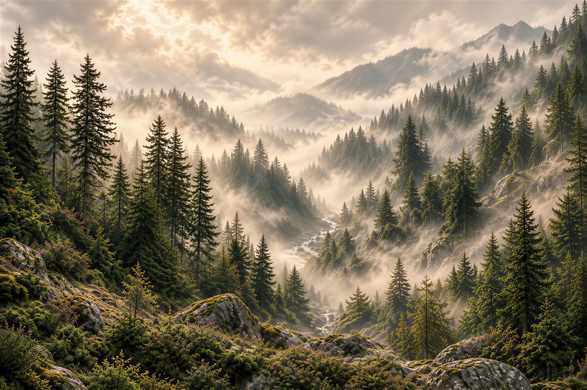 Papier peint paysage montagneux brumeux