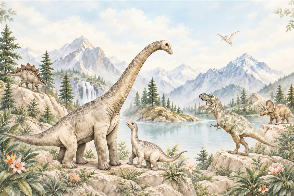 Papier peint dinosaures dans le paysage montagneux