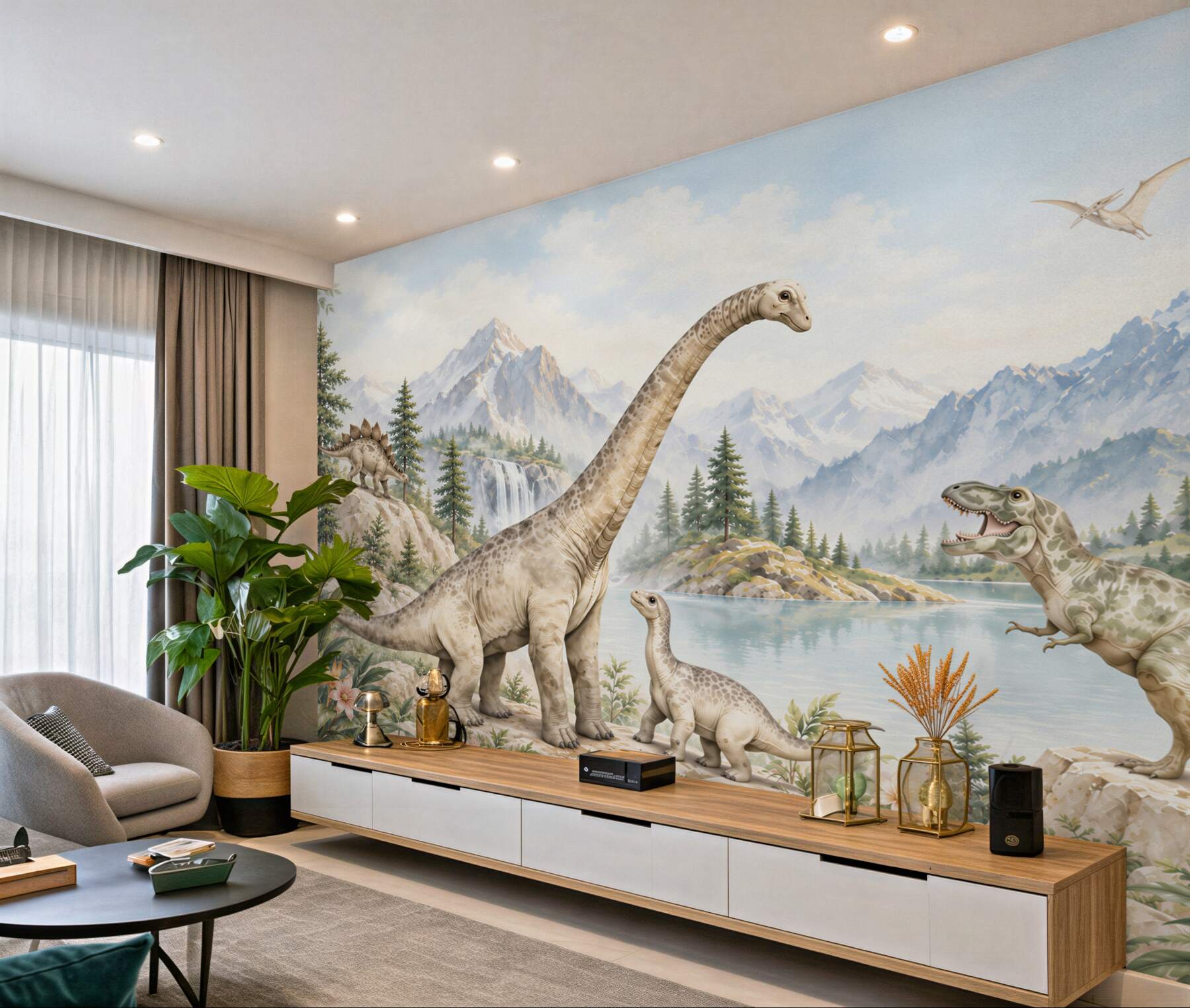 Papier peint dinosaures dans le paysage montagneux