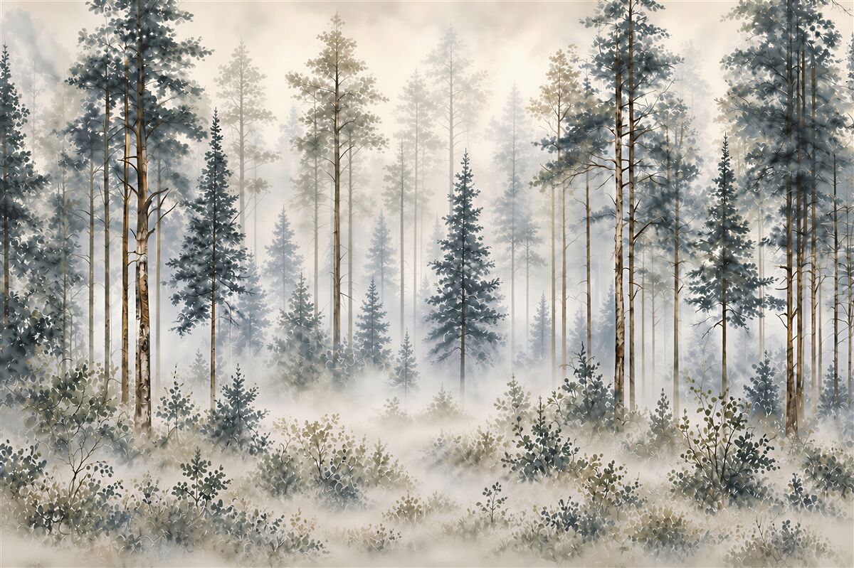 Papier peint forêt dans le brouillard