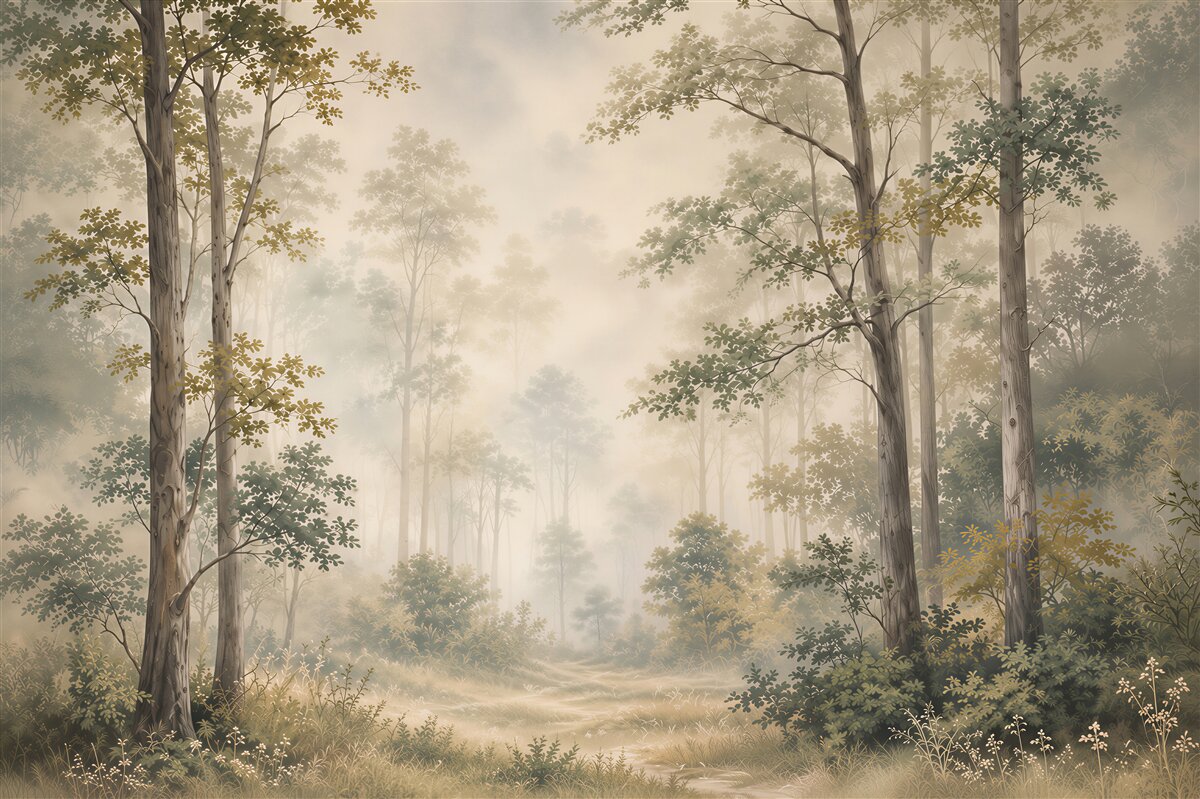 Papier peint forêt dans le brouillard