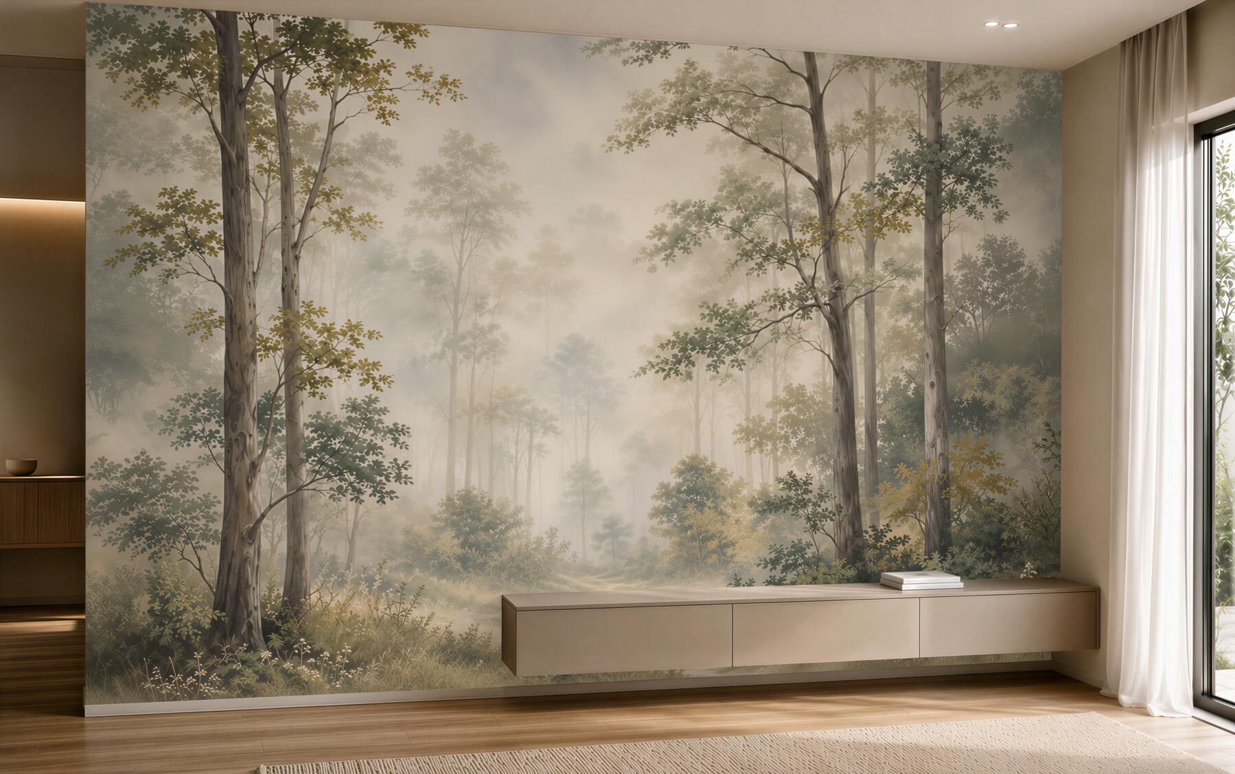 Papier peint forêt dans le brouillard