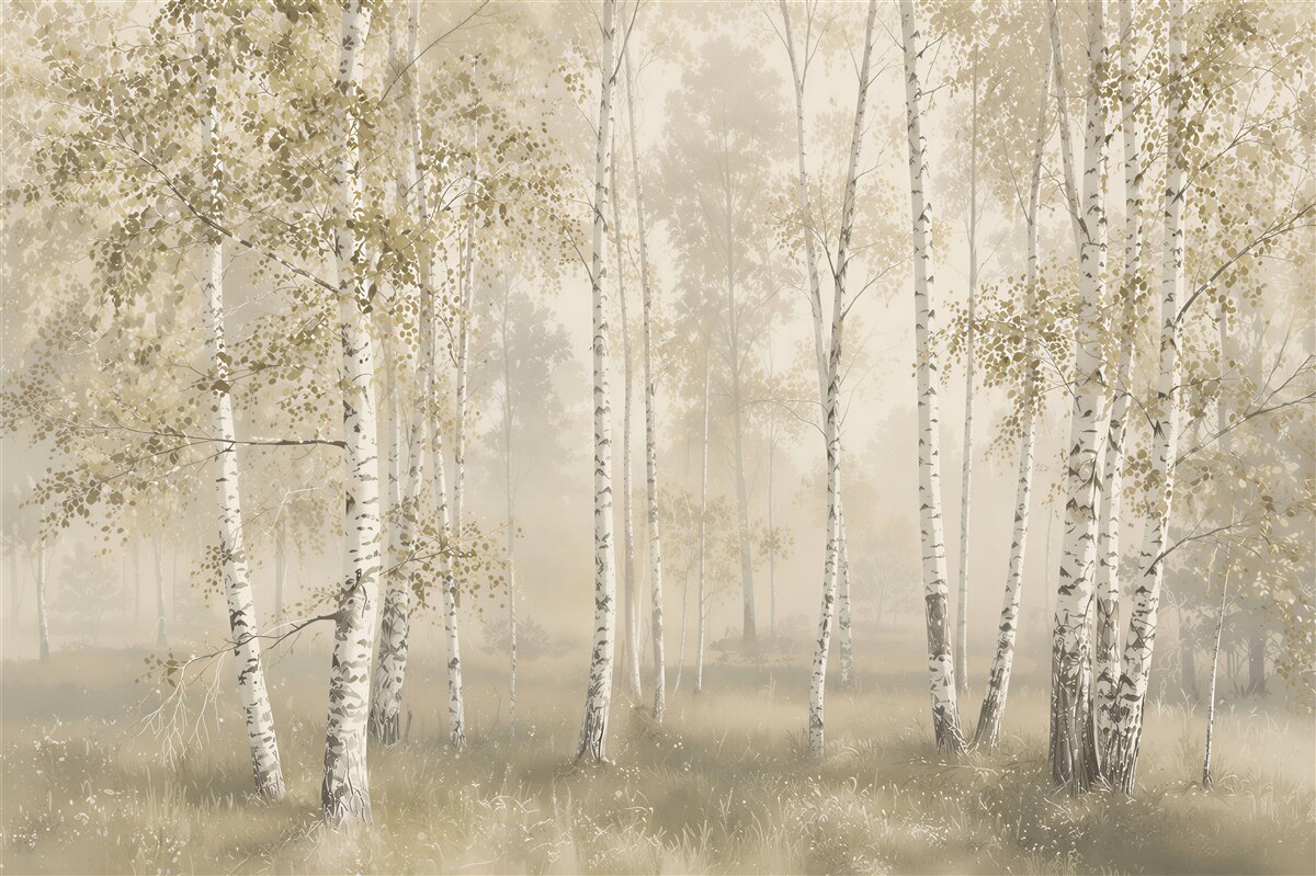 Papier peint forêt de bouleaux dans le brouillard