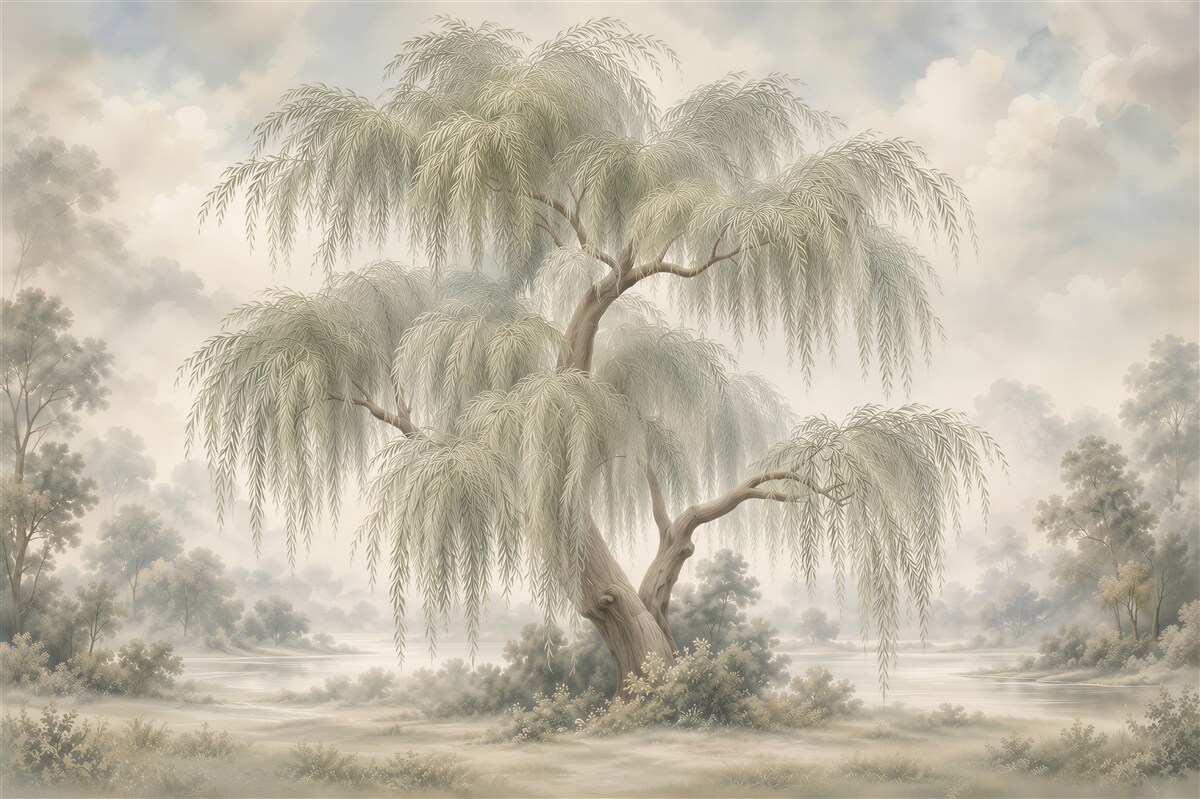 Papier peint paysage pastel avec un saule
