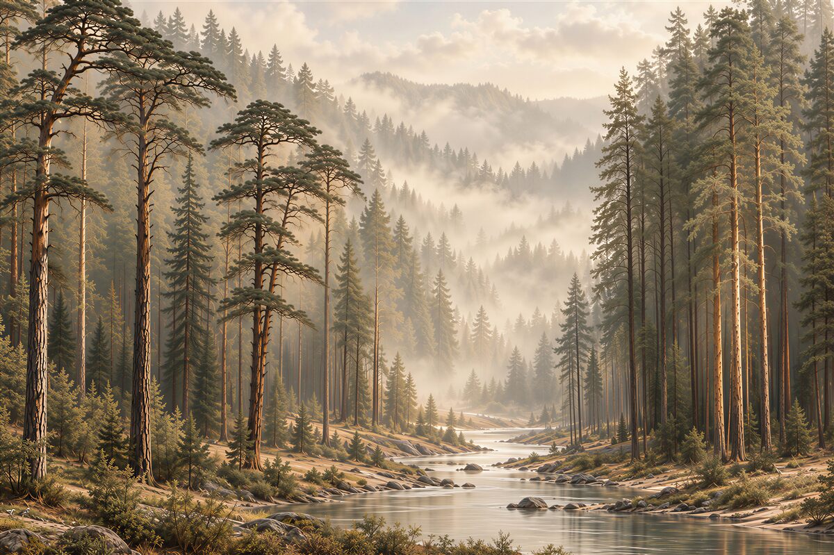Papier peint forêt dans le brouillard