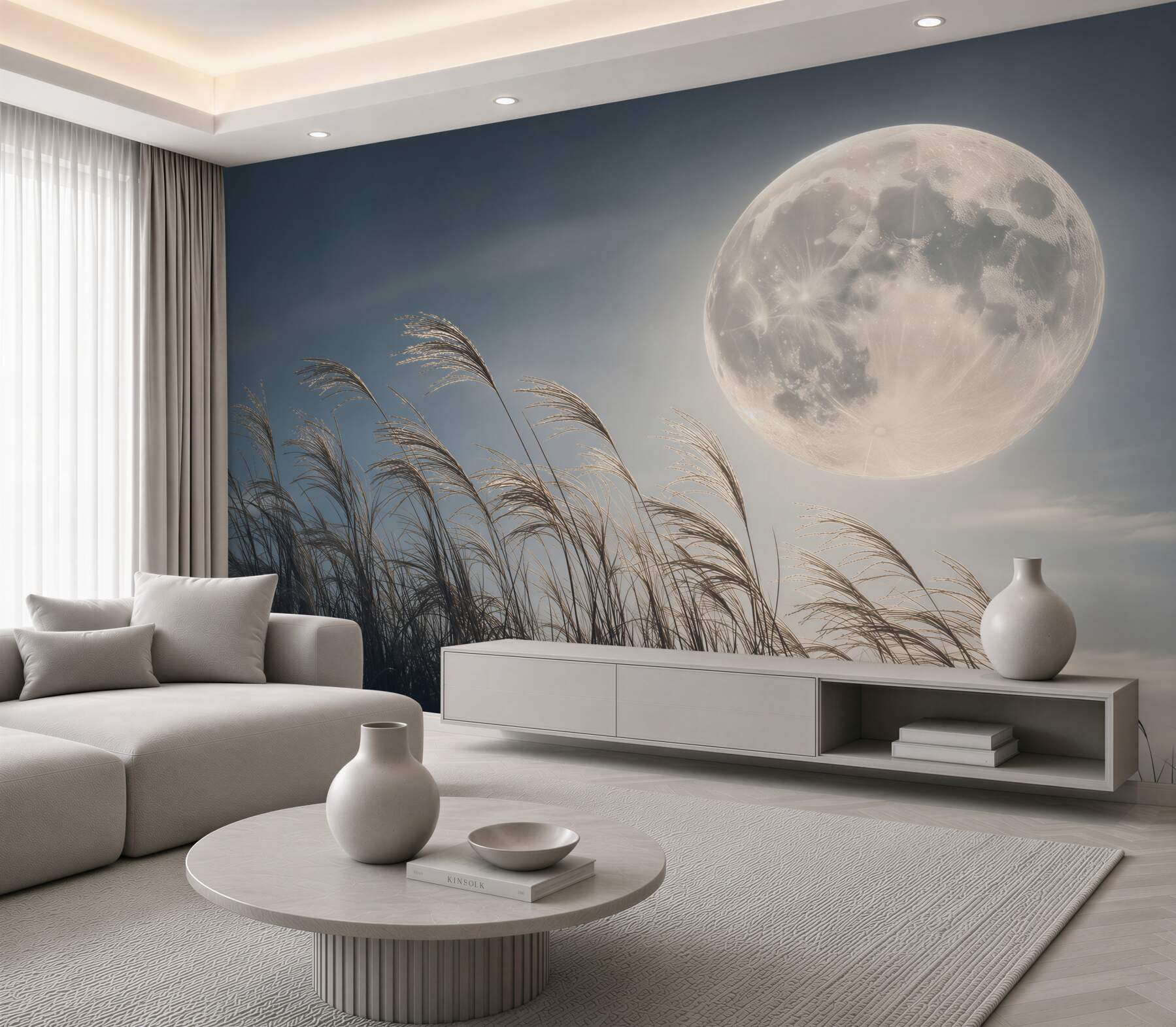 Papier peint pleine lune au-dessus des herbes